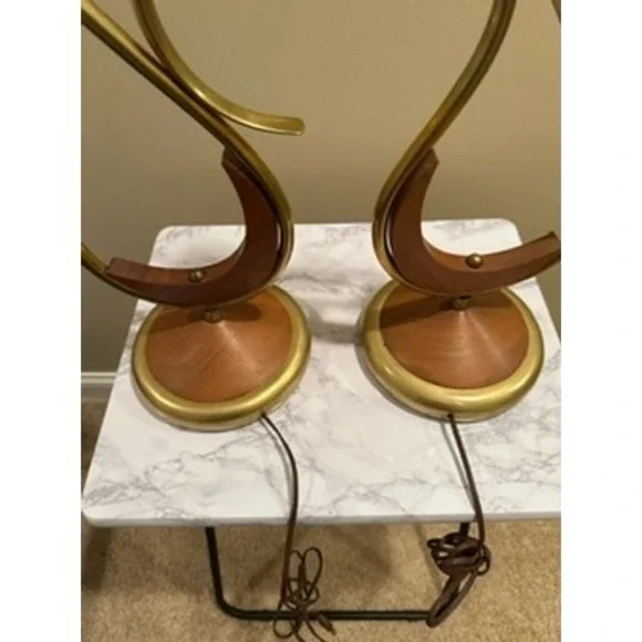 Mid Century Modern‎ Oak & Brass Table Lamps A Pair Vintage Lighting Decor - Picture 3 of 15
